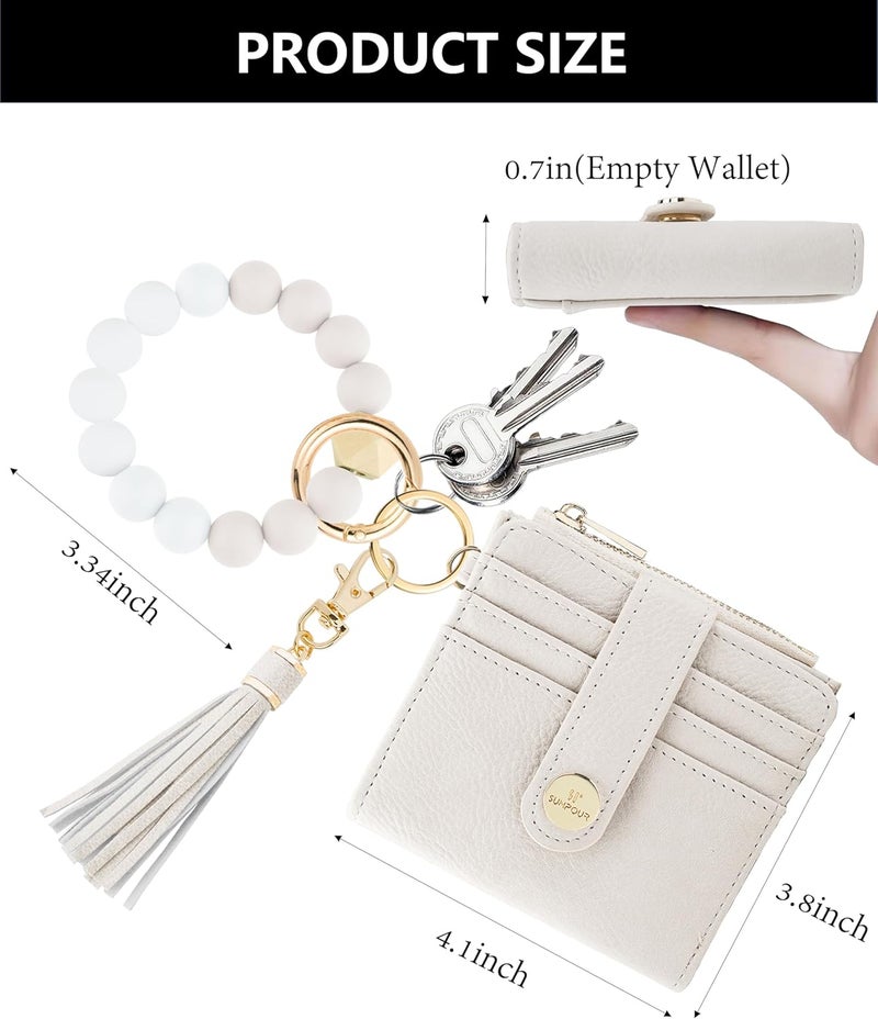 Sunpour Small Wristlet Wallets for Women Keychain Wristlet Wallet RFID Blocking Key Chain Wallet With Zipper Coin Pocket,2 Id Window (Beige) - Image 2